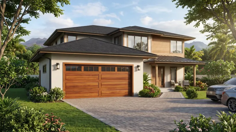 Home with a new wood-look double garage door