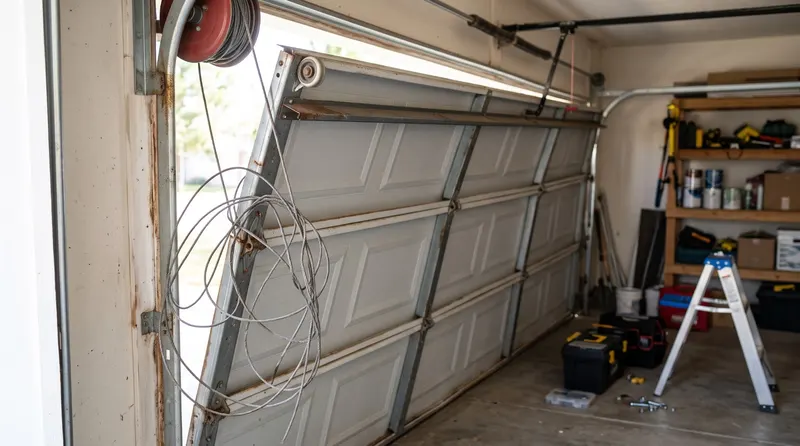Garage door off its track with a snapped lift cable