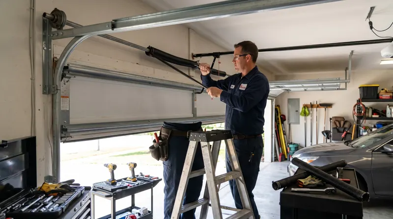Technician replacing a torsion spring on a garage door